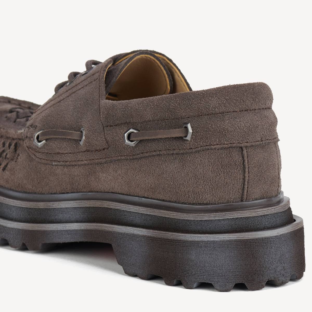 Rollie Boat Huarache Step Chocolate — women's shoe, heel and back view