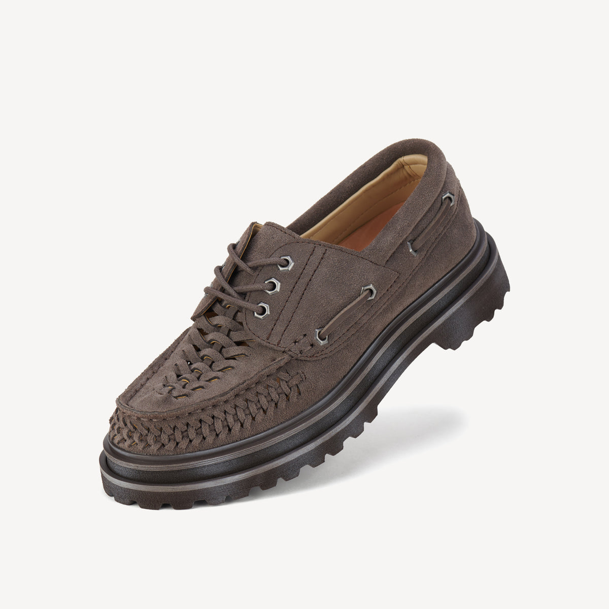 Rollie Boat Huarache Step Chocolate — women's shoe, worn and styled on-foot