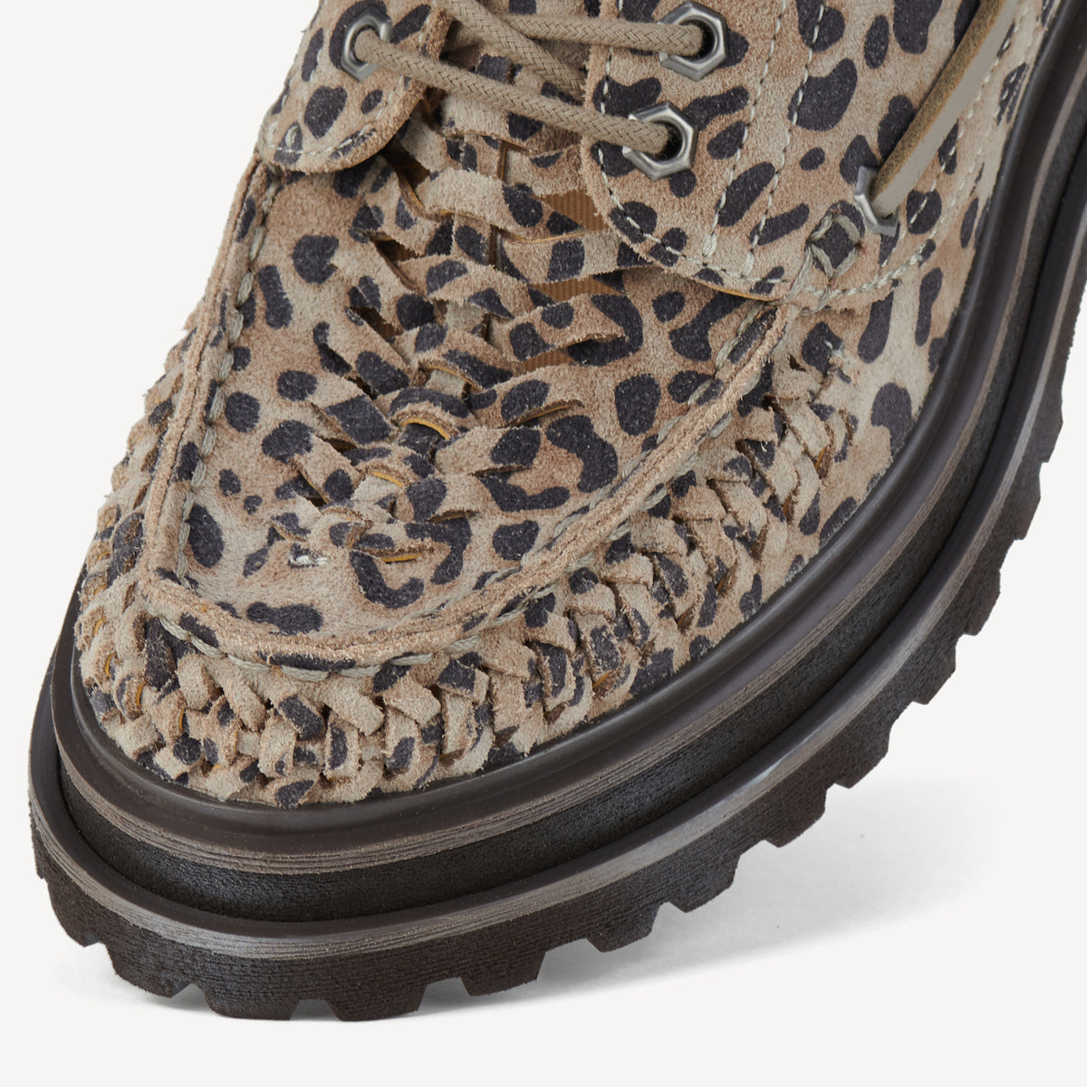 Rollie Boat Huarache Step Leopard — women's shoe, angled three-quarter view