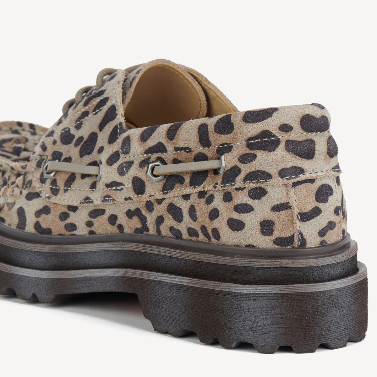 Rollie Boat Huarache Step Leopard — women's shoe, heel and back view
