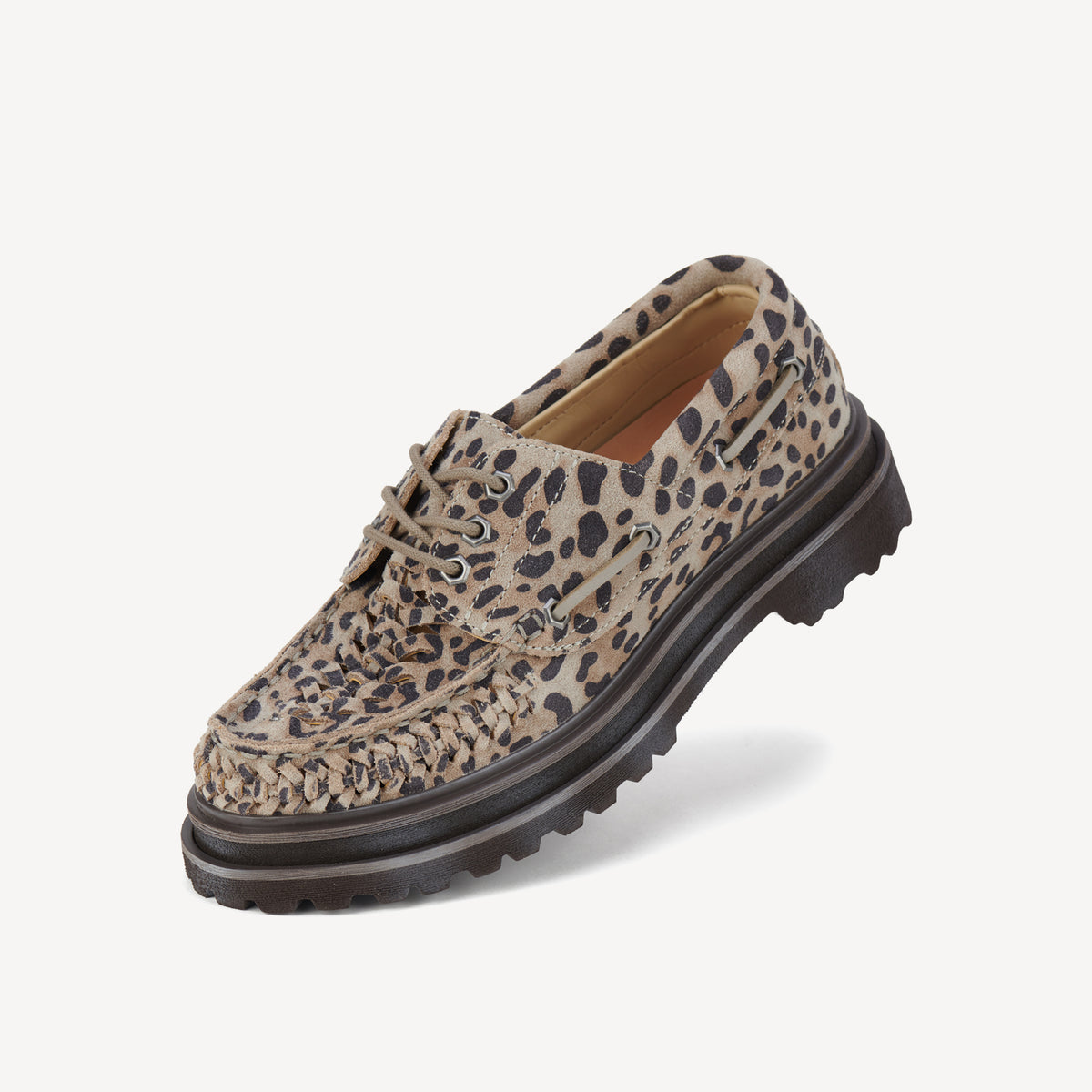 Rollie Boat Huarache Step Leopard — women's shoe, worn and styled on-foot