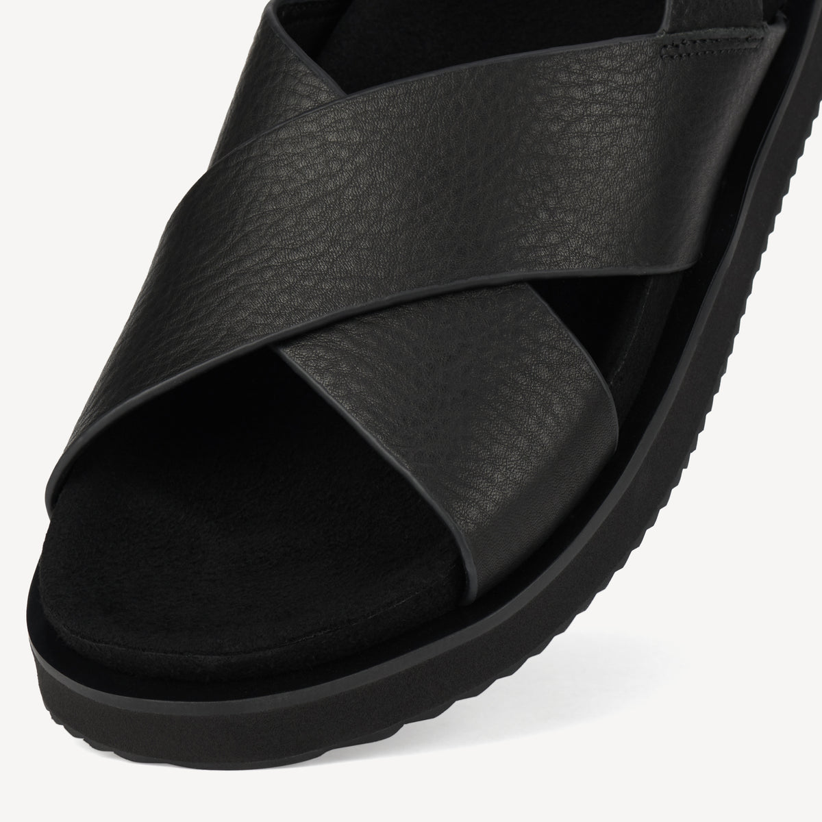 Rollie Rhodes Cross Sandal Black Tumble — women's sandal, angled three-quarter view