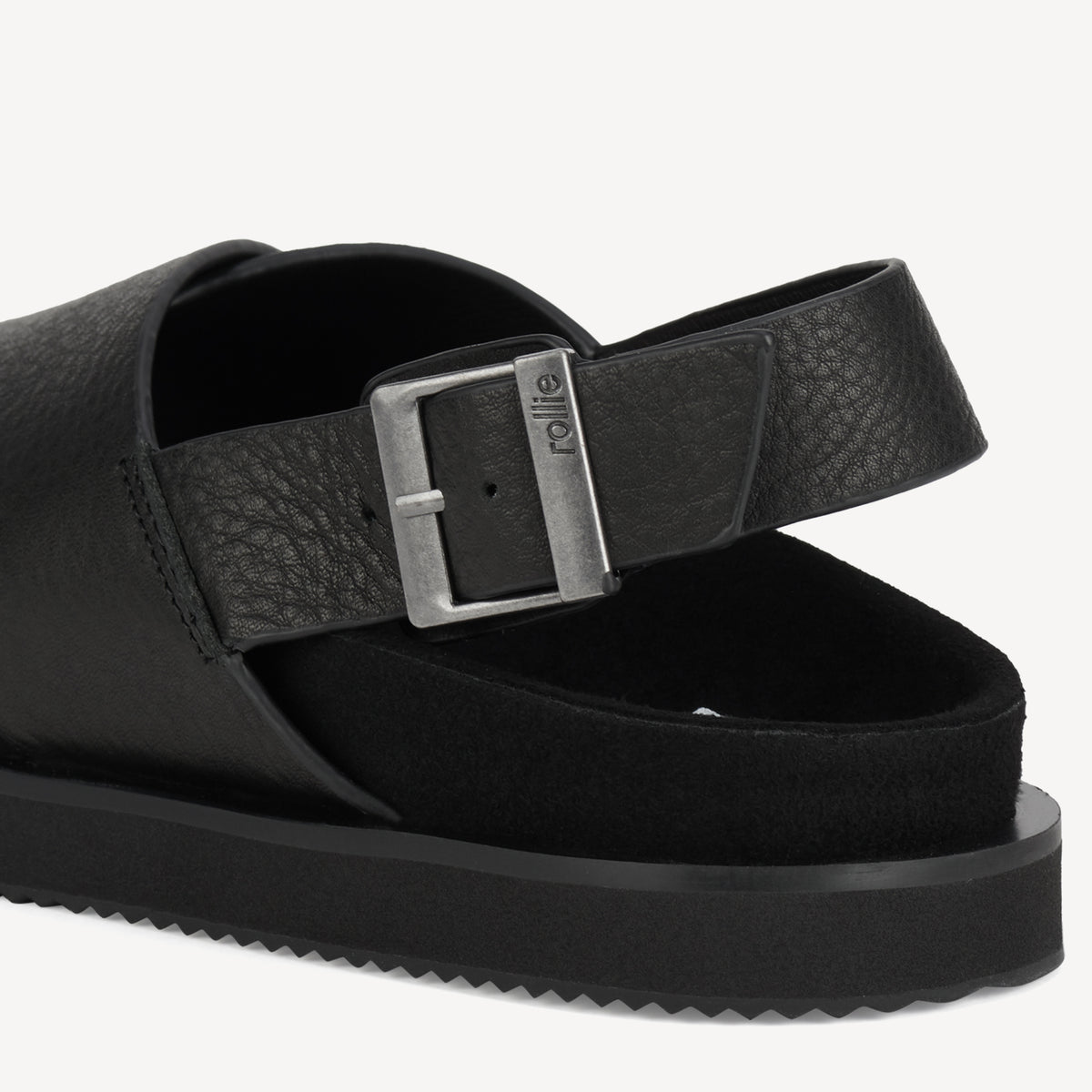 Rollie Rhodes Cross Sandal Black Tumble — women's sandal, heel and back view
