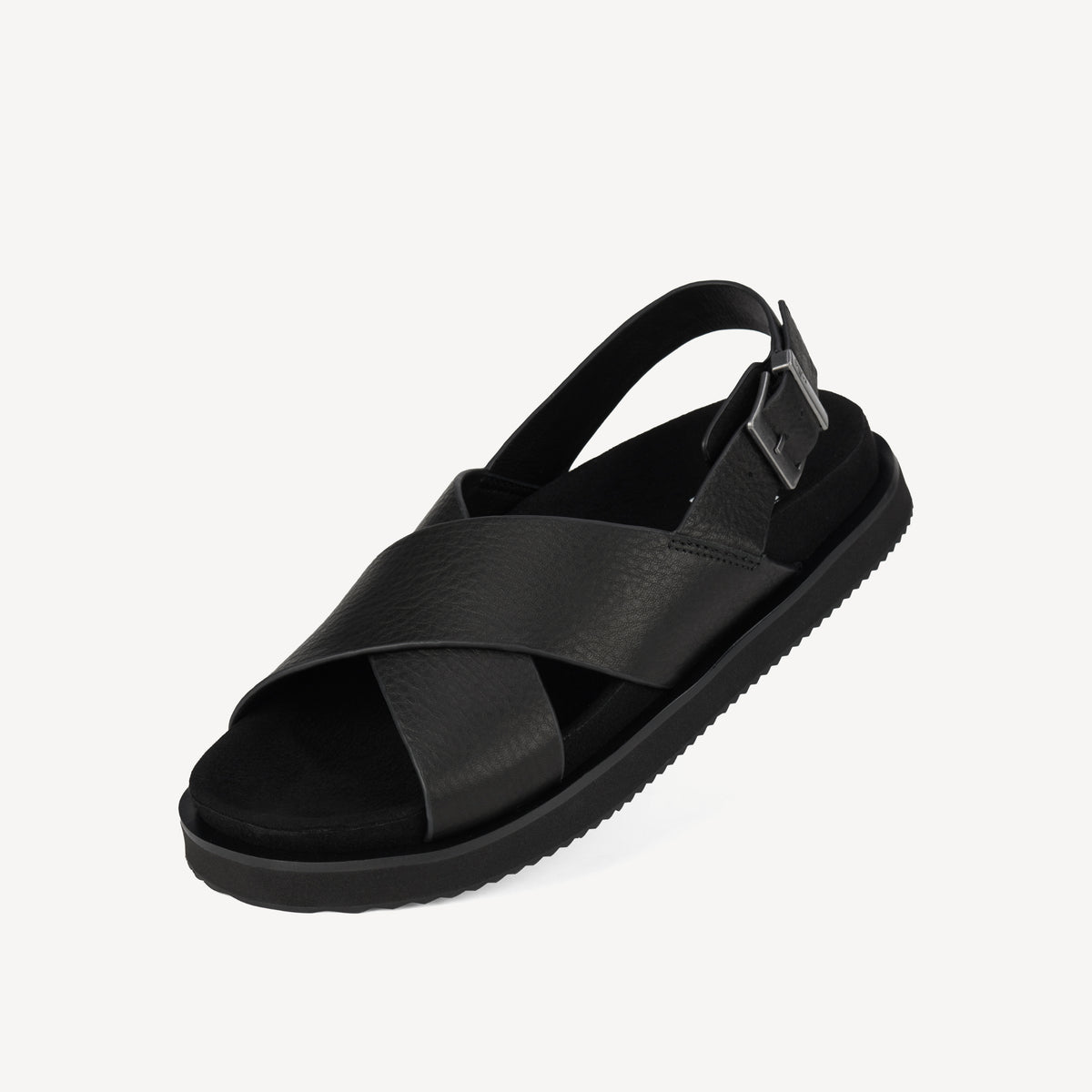 Rollie Rhodes Cross Sandal Black Tumble — women's sandal, worn and styled on-foot