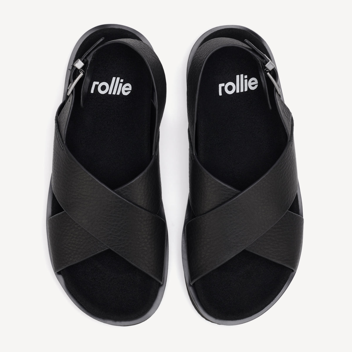 Rollie Rhodes Cross Sandal Black Tumble — women's sandal, top-down view