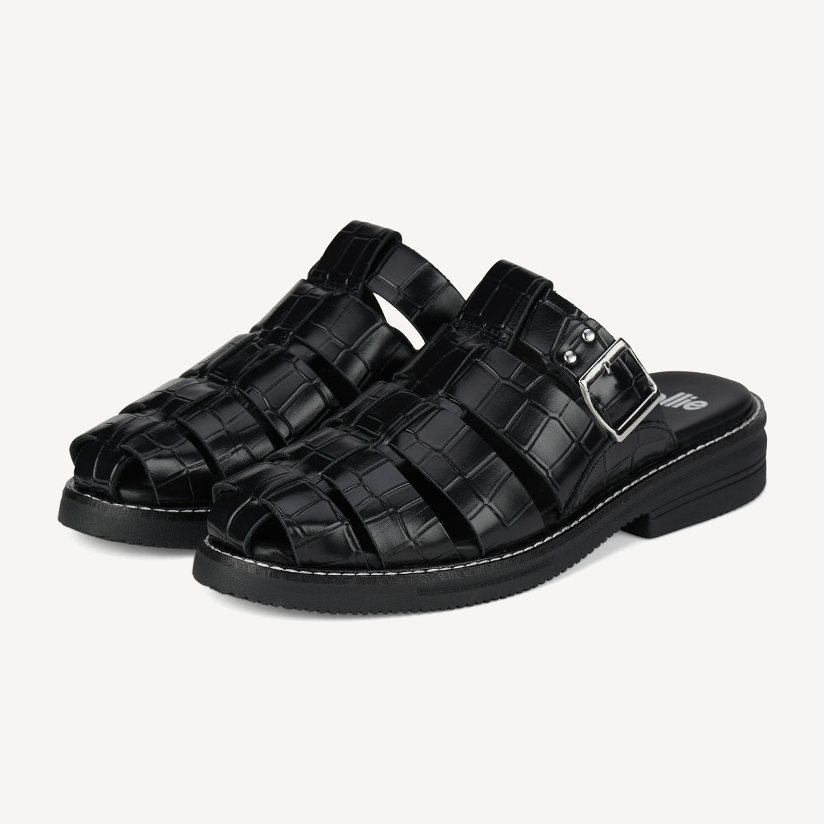 Rollie Mule Fisherman Black Croc — women's mule, front view