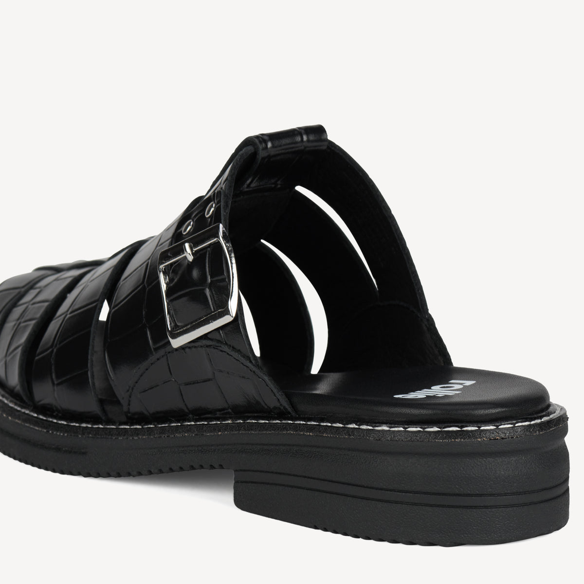 Rollie Mule Fisherman Black Croc — women's mule, heel and back view