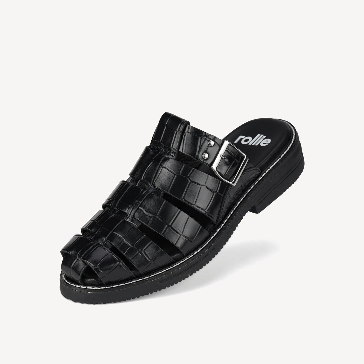 Rollie Mule Fisherman Black Croc — women's mule, worn and styled on-foot