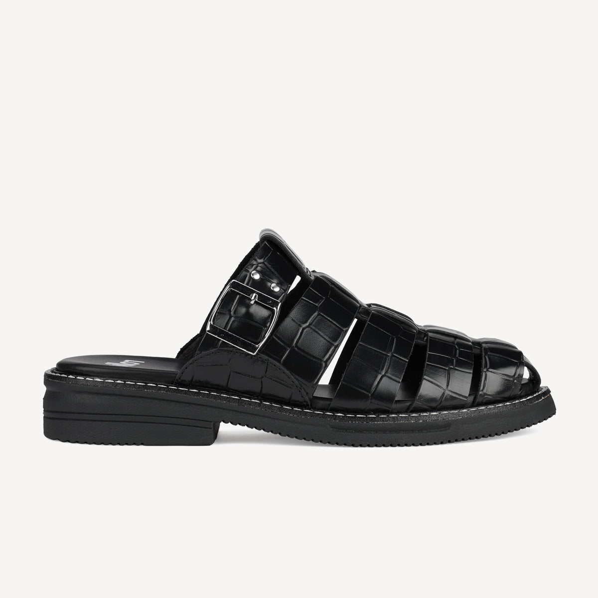 Rollie Mule Fisherman Black Croc — women's mule, side profile