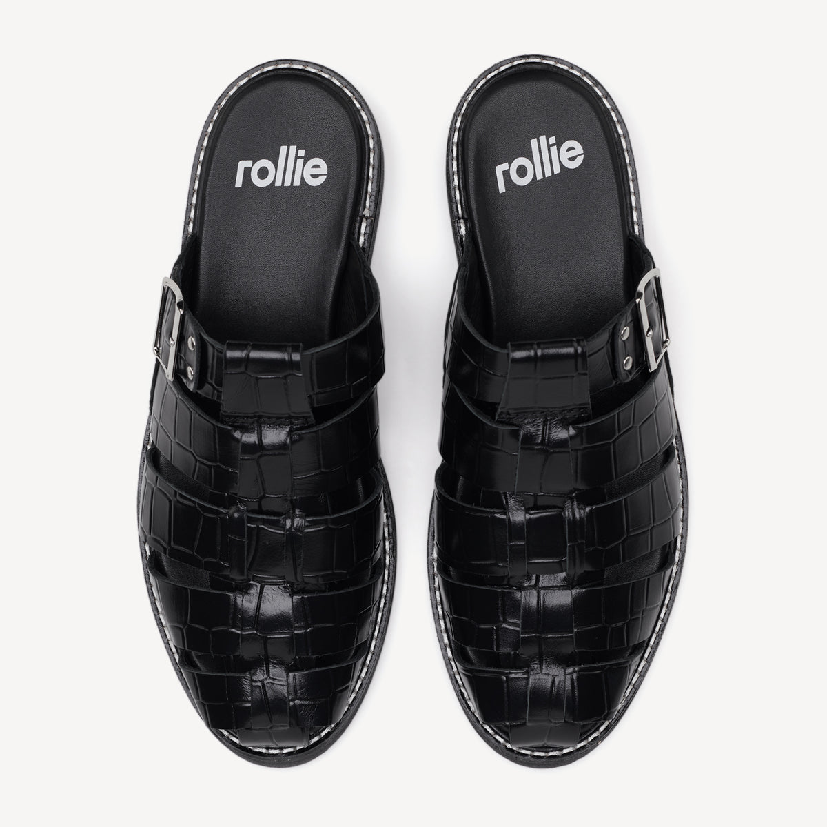 Rollie Mule Fisherman Black Croc — women's mule, top-down view