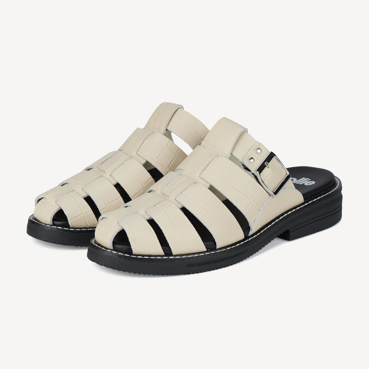 Rollie Mule Fisherman Bone Croc — women's mule, front view