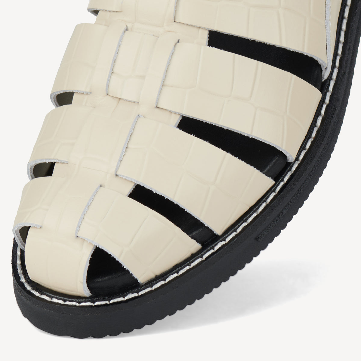 Rollie Mule Fisherman Bone Croc — women's mule, angled three-quarter view