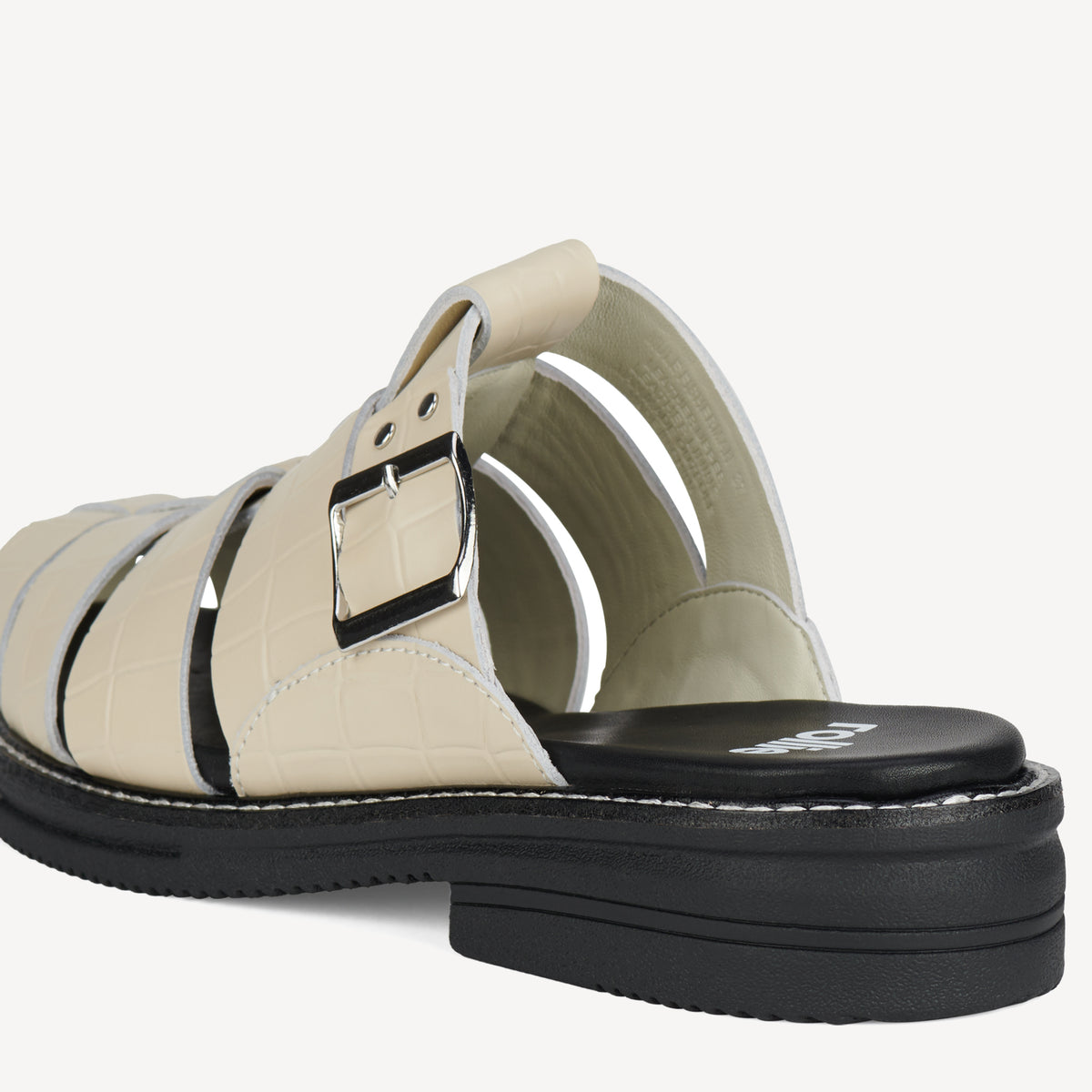 Rollie Mule Fisherman Bone Croc — women's mule, heel and back view