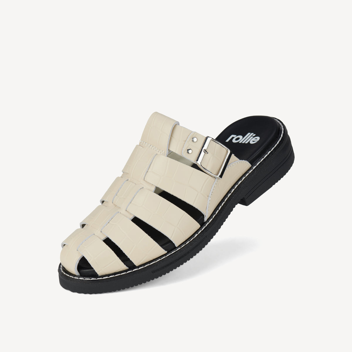 Rollie Mule Fisherman Bone Croc — women's mule, worn and styled on-foot