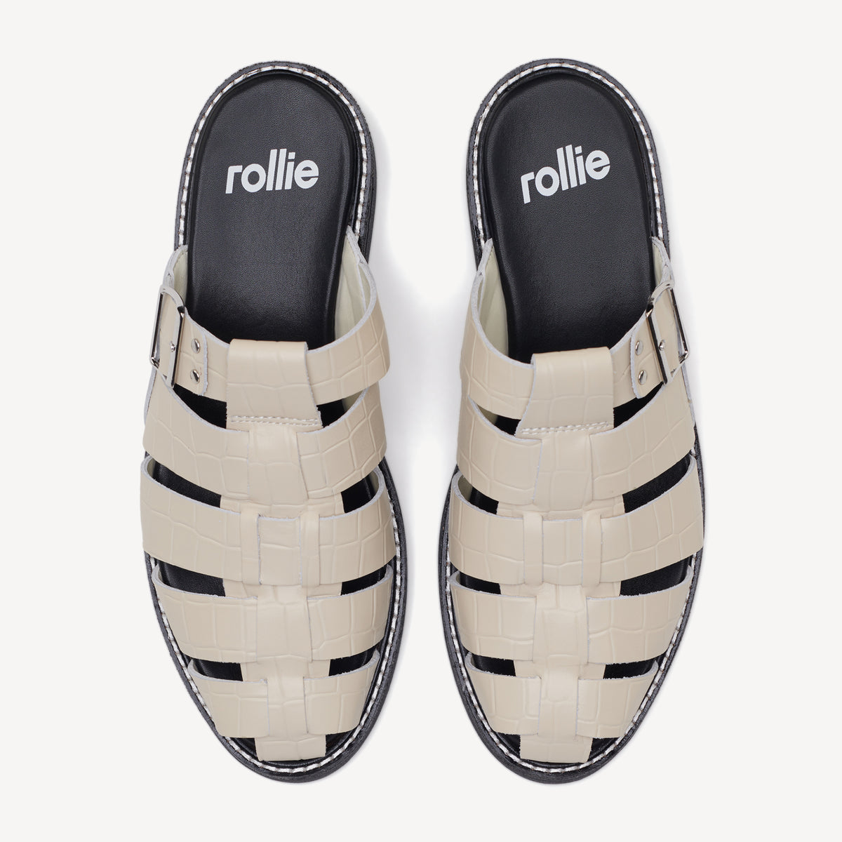 Rollie Mule Fisherman Bone Croc — women's mule, top-down view