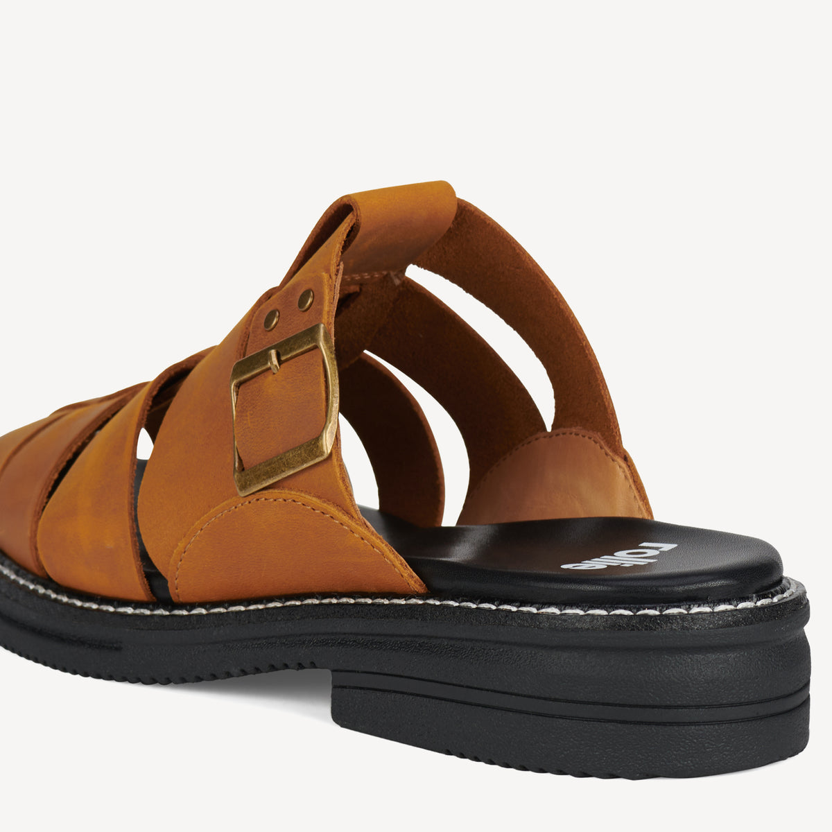 Rollie Mule Fisherman Cognac — women's mule, heel and back view