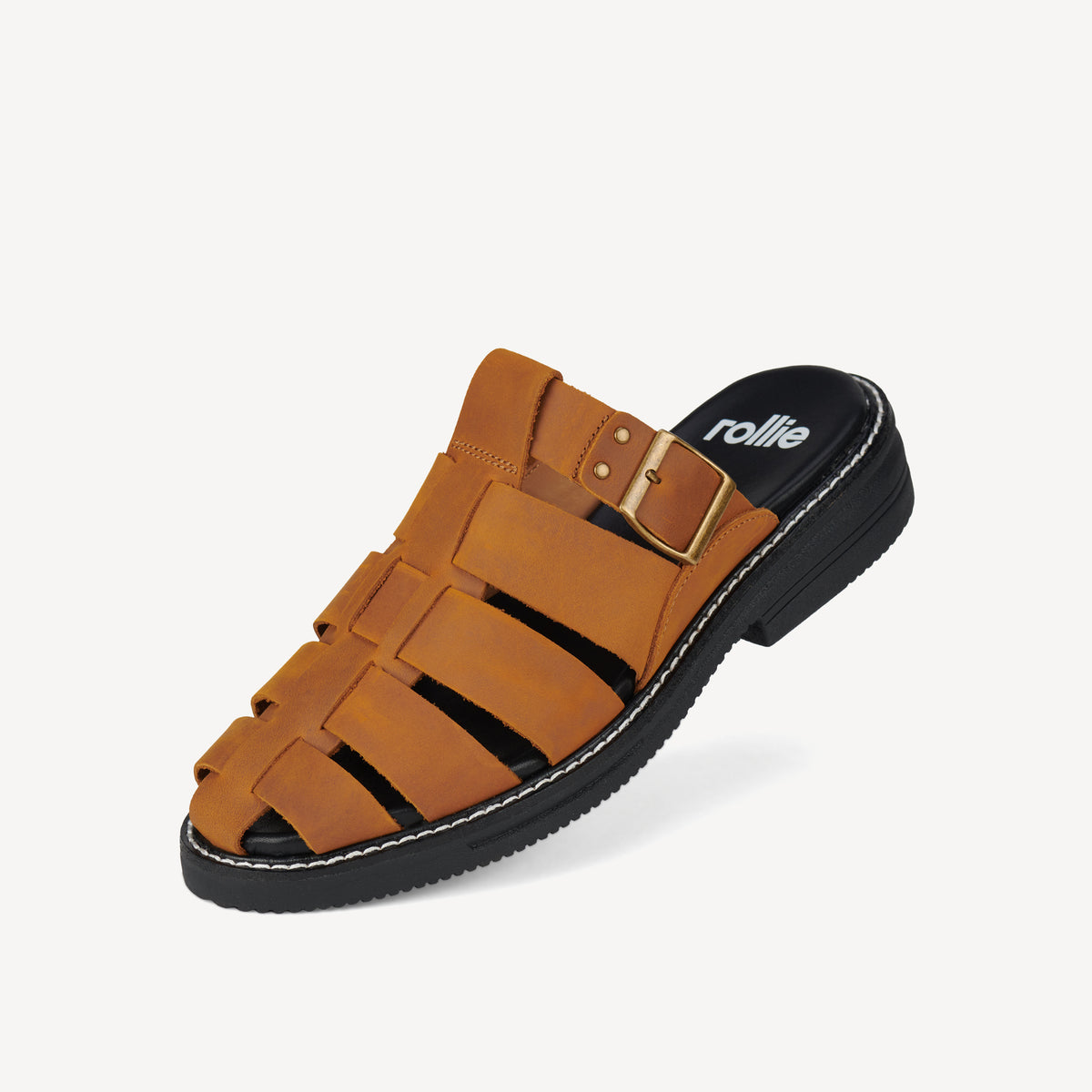 Rollie Mule Fisherman Cognac — women's mule, worn and styled on-foot