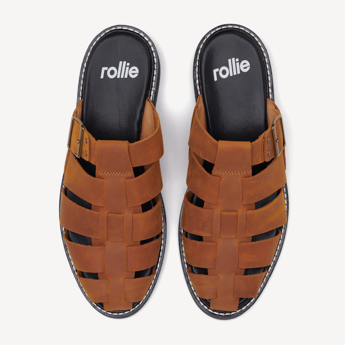 Rollie Mule Fisherman Cognac — women's mule, top-down view