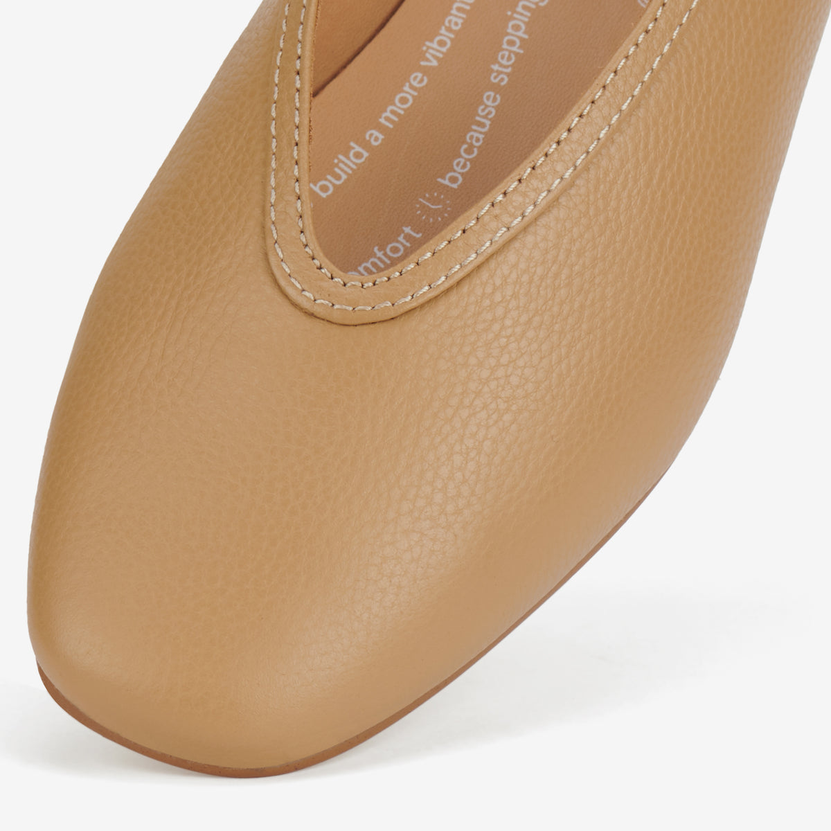 Rollie Ballet V Soft Tan — women's tumbled leather ballet flat, styled campaign shot