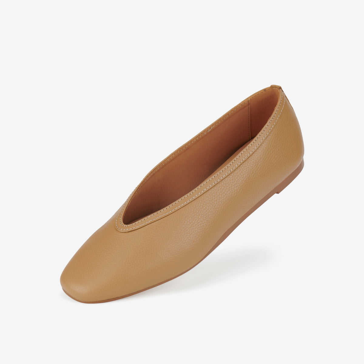 Rollie Ballet V Soft Tan — women's tumbled leather ballet flat, styled lifestyle shot