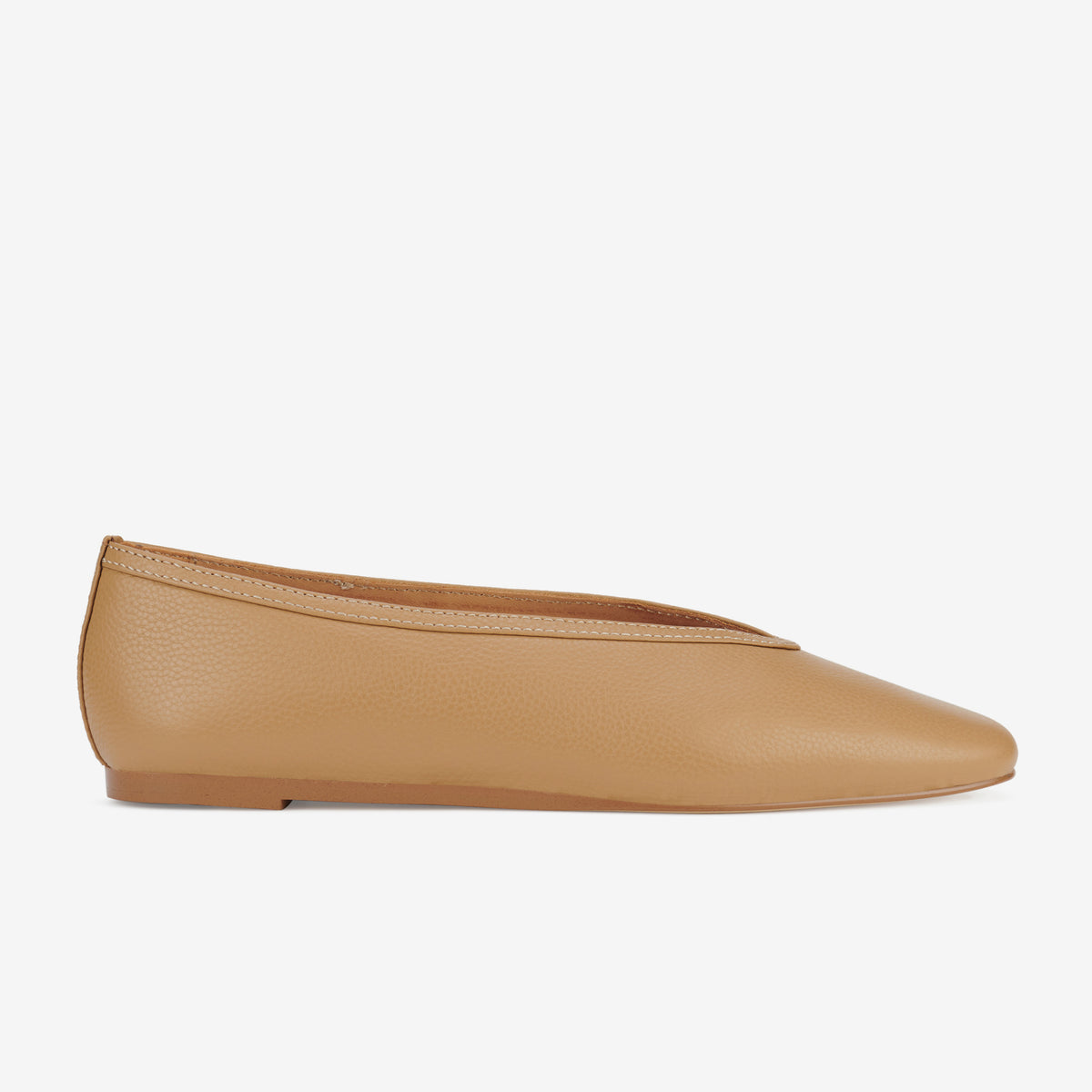 Rollie Ballet V Soft Tan — women's tumbled leather ballet flat, side profile