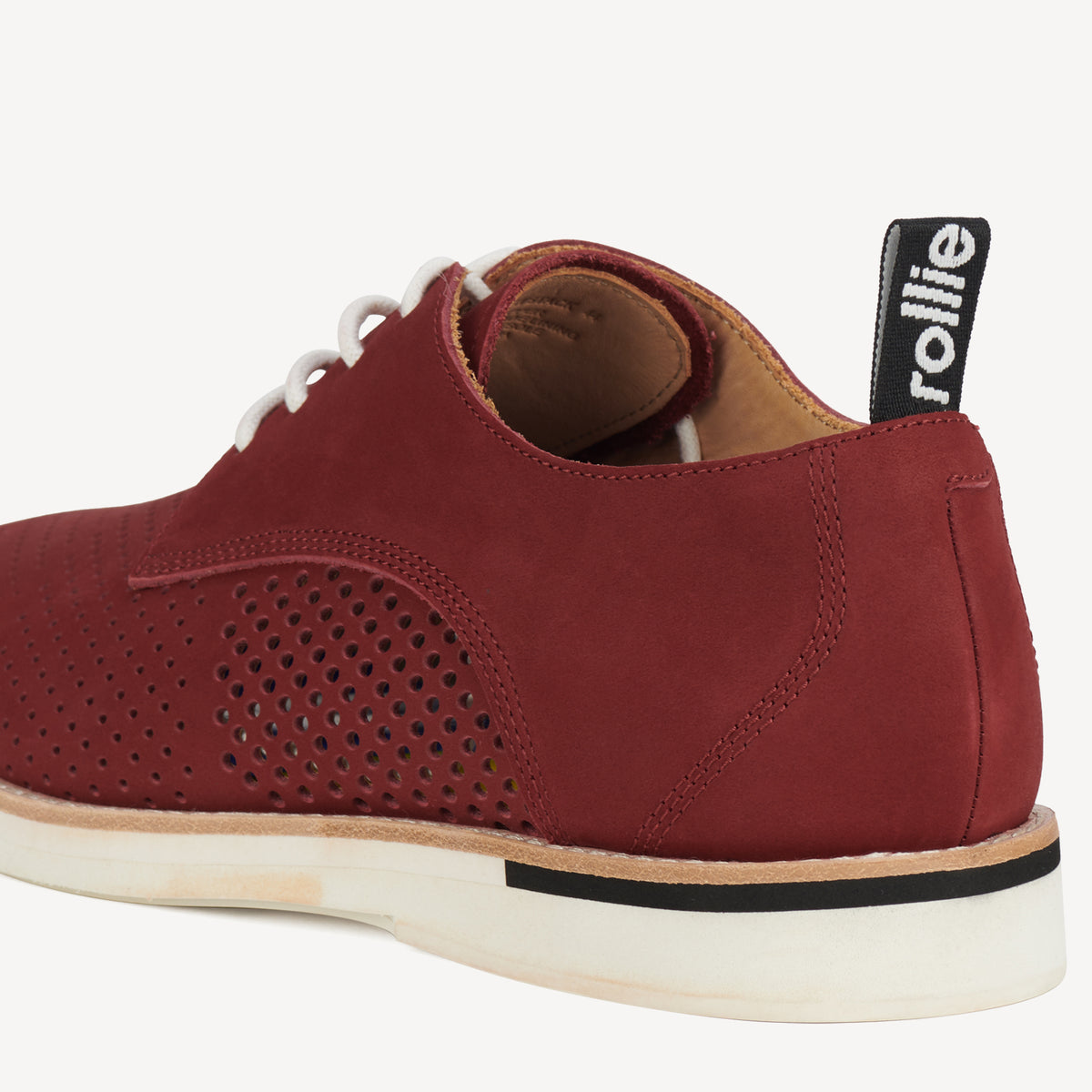 Rollie Derby Mens Punch Stack Merlot — men's leather lace-up shoe, styled campaign shot (2)