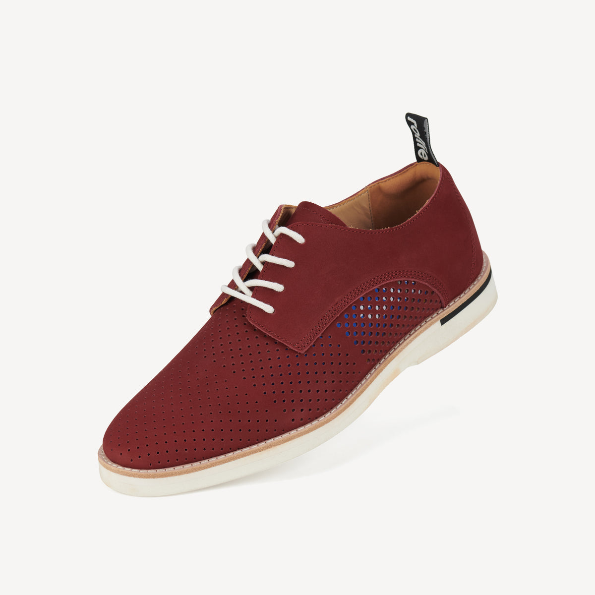 Rollie Derby Mens Punch Stack Merlot — men's leather lace-up shoe, styled lifestyle shot