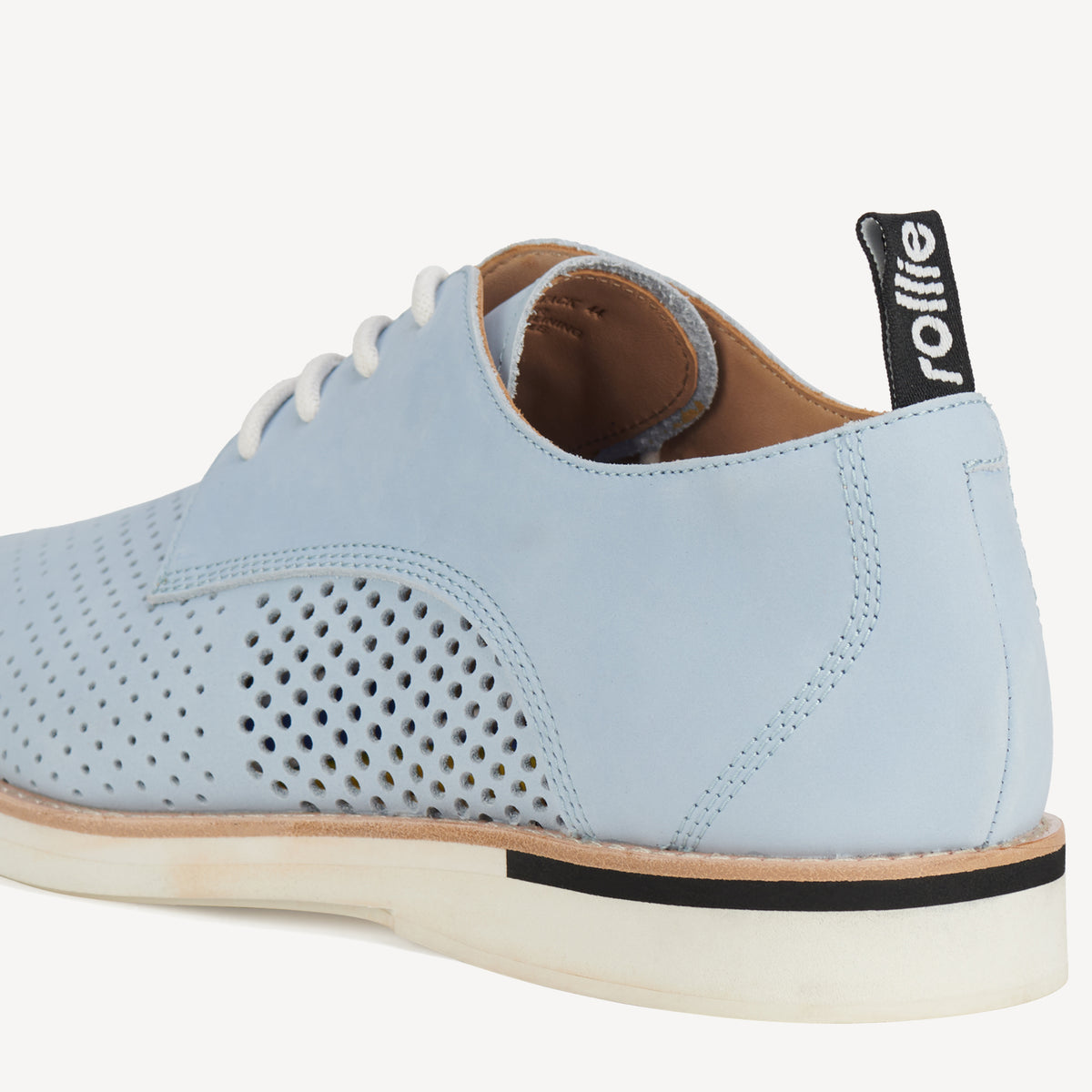 Rollie Derby Mens Punch Stack Powder Blue — men's leather lace-up shoe, styled campaign shot (2)