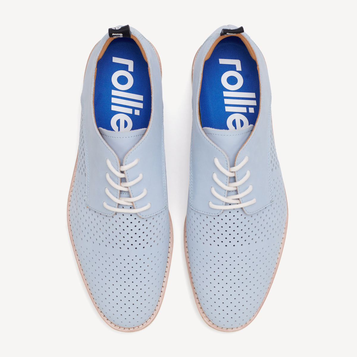 Rollie Derby Mens Punch Stack Powder Blue — men's leather lace-up shoe, top-down view