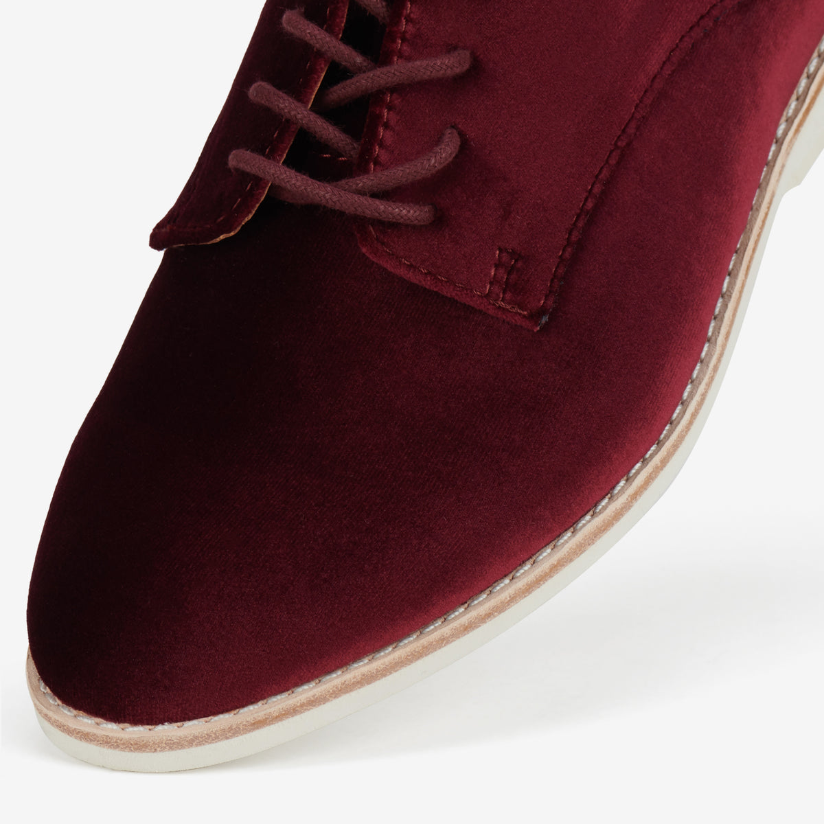 Rollie Derby Dark Cherry Velvet — women's velvet lace-up shoe, styled campaign shot