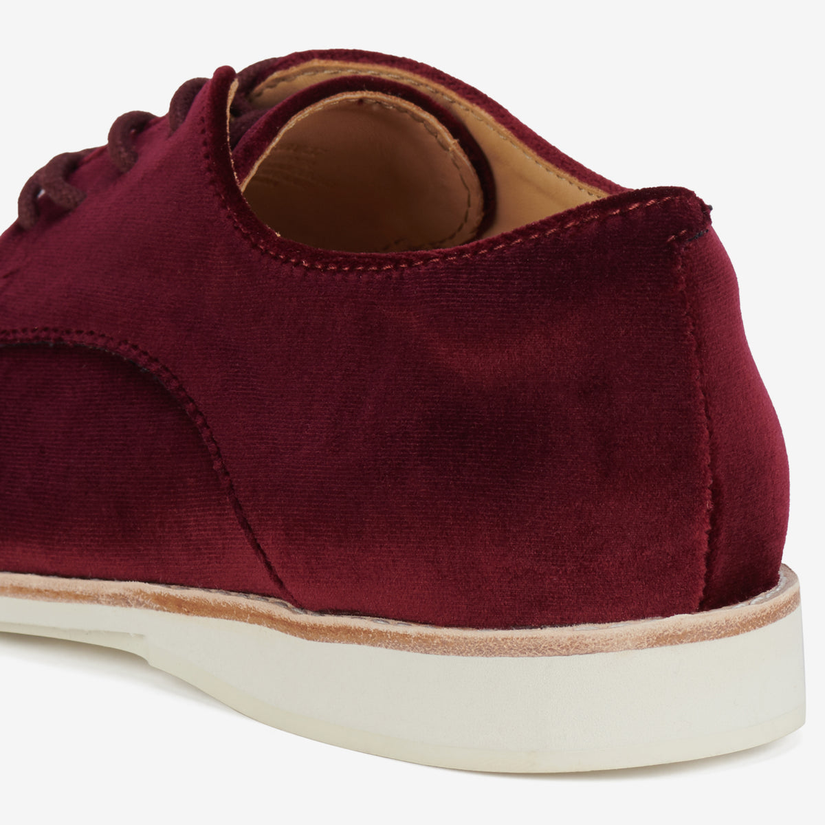 Rollie Derby Dark Cherry Velvet — women's velvet lace-up shoe, styled campaign shot (2)