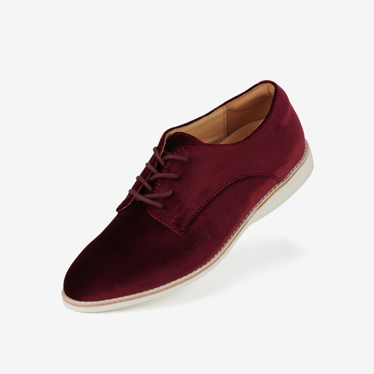 Rollie Derby Dark Cherry Velvet — women's velvet lace-up shoe, styled lifestyle shot