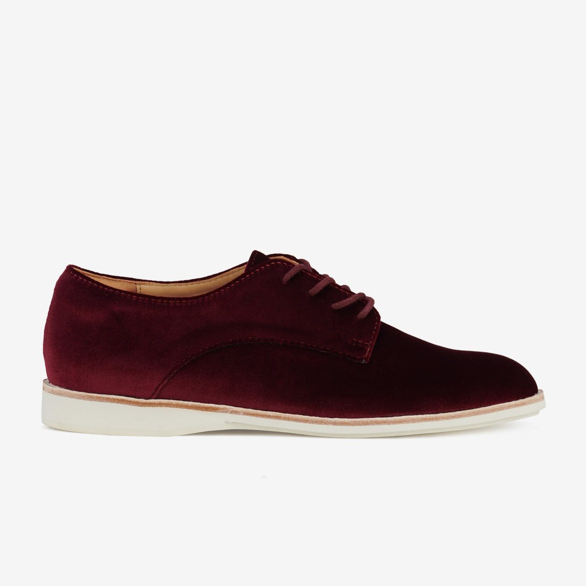 Rollie Derby Dark Cherry Velvet — women's velvet lace-up shoe, side profile