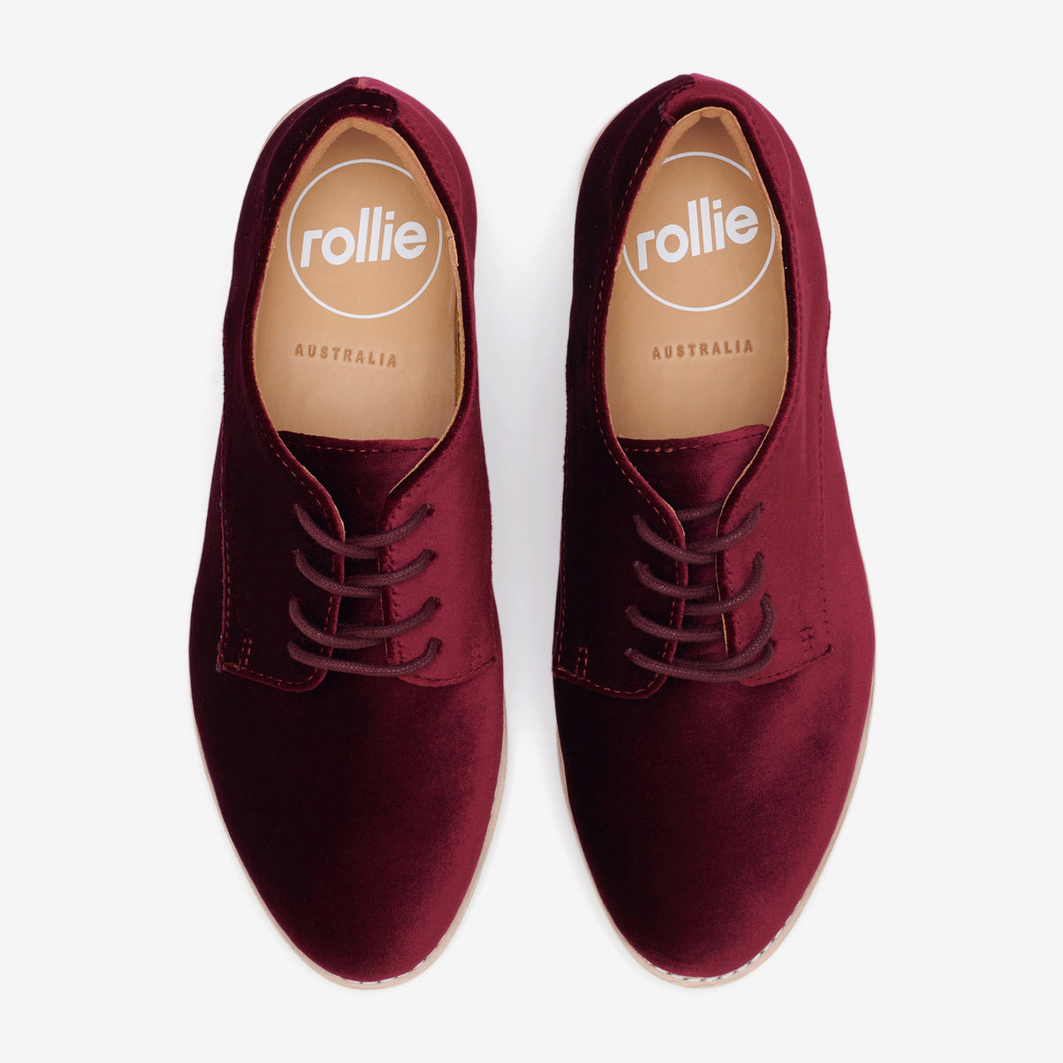 Rollie Derby Dark Cherry Velvet — women's velvet lace-up shoe, top-down view