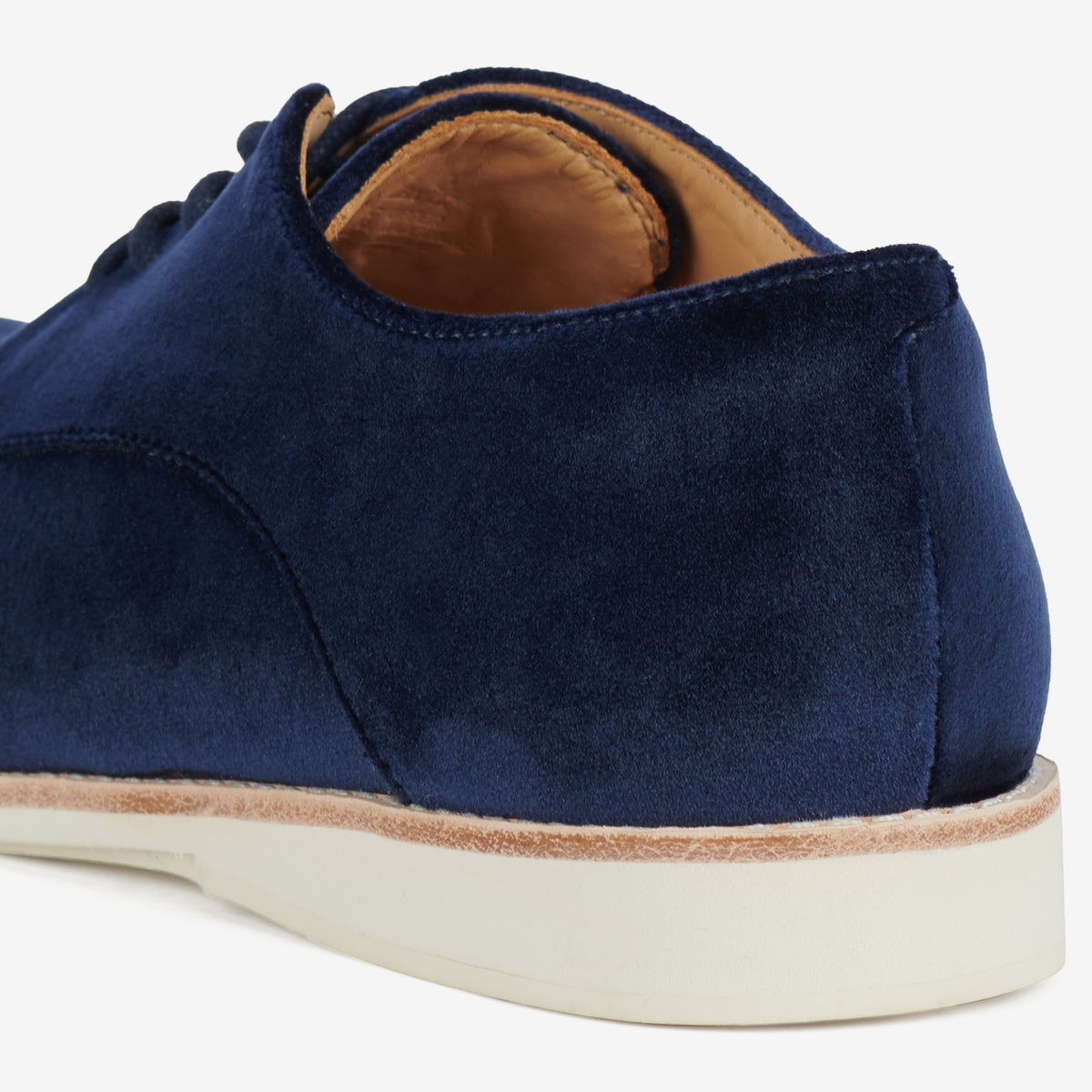 Rollie Derby Navy Velvet — women's velvet lace-up shoe, styled campaign shot (2)