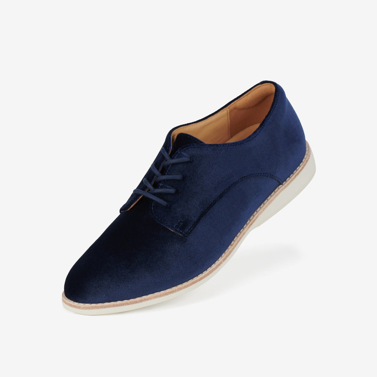Rollie Derby Navy Velvet — women's velvet lace-up shoe, styled lifestyle shot