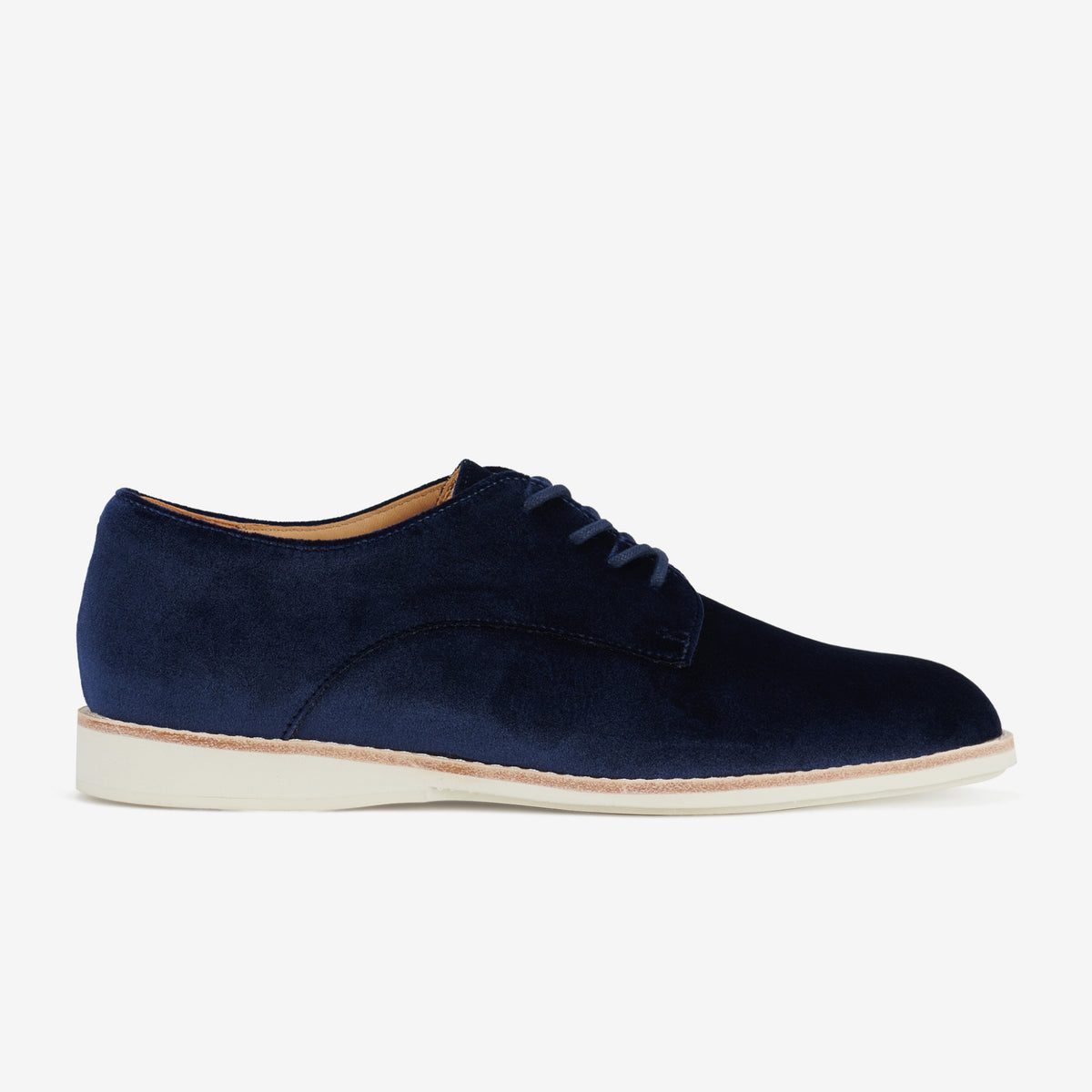 Rollie Derby Navy Velvet — women's velvet lace-up shoe, side profile