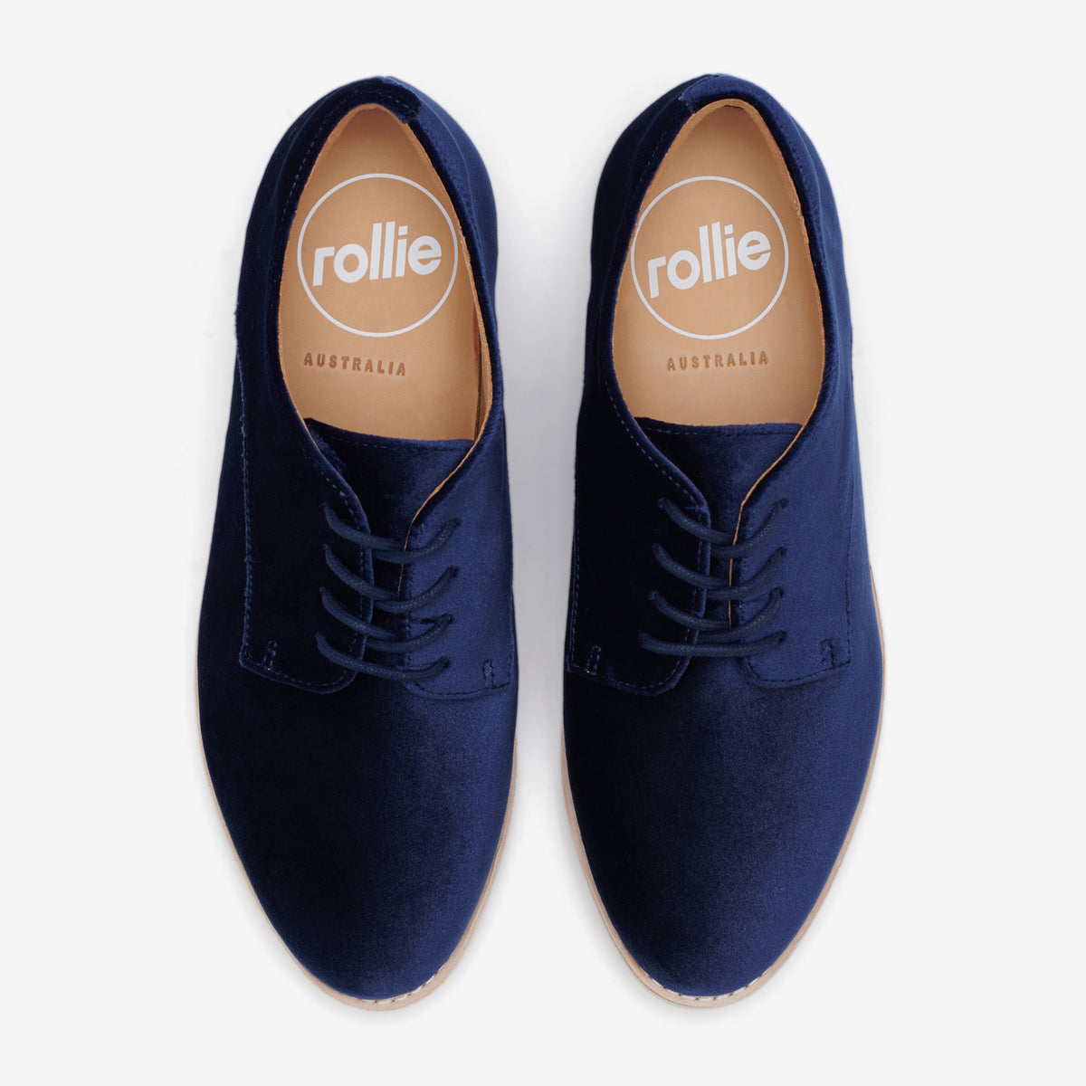 Rollie Derby Navy Velvet — women's velvet lace-up shoe, top-down view
