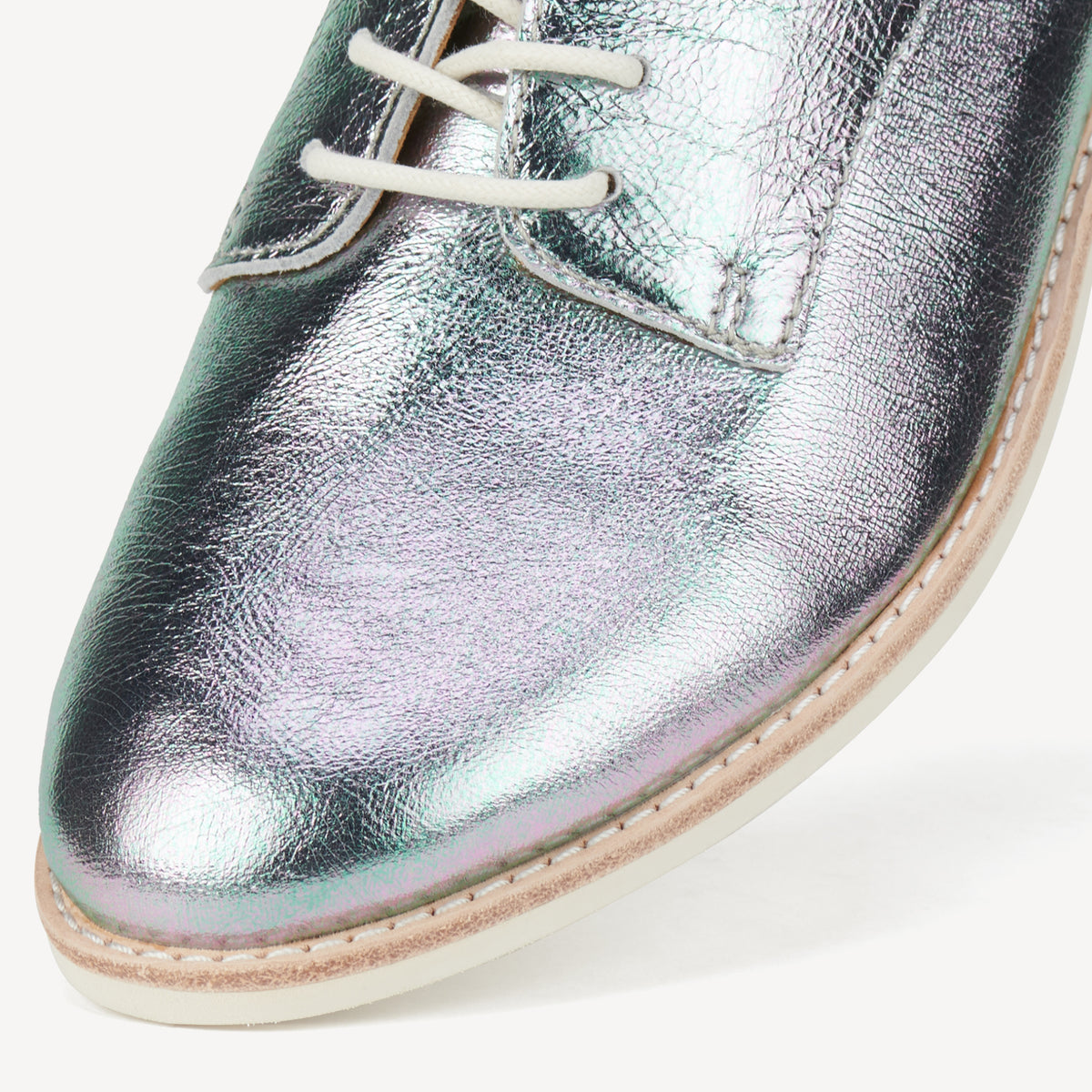 Rollie Derby Super Soft Aurora — pearly aurora-leather lace-up shoe, styled campaign shot