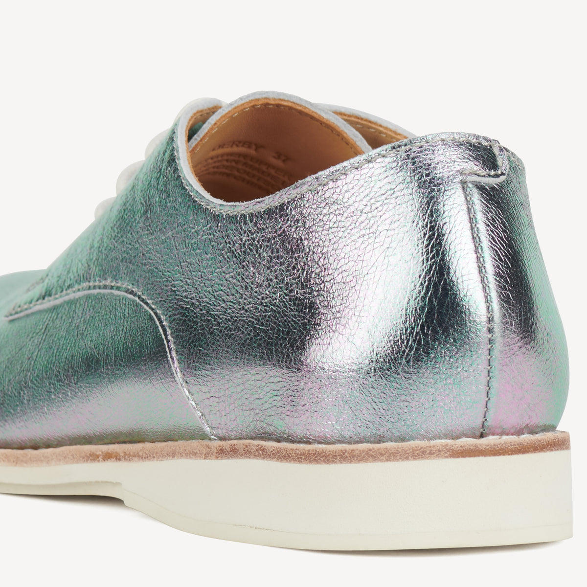Rollie Derby Super Soft Aurora — pearly aurora-leather lace-up shoe, styled campaign shot (2)