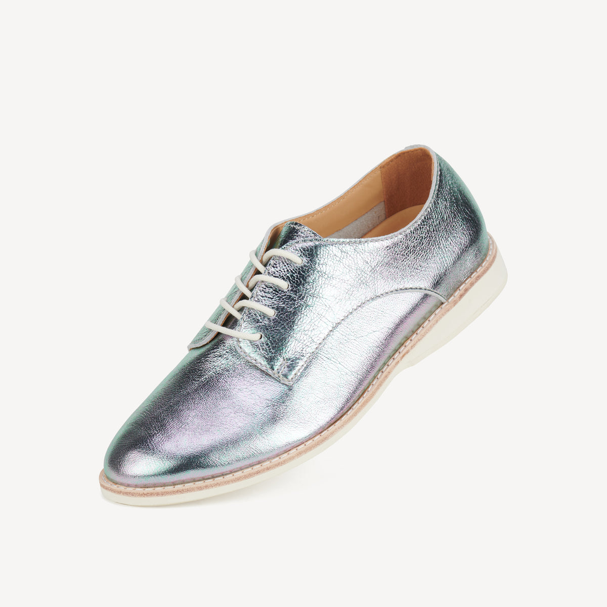 Rollie Derby Super Soft Aurora — pearly aurora-leather lace-up shoe, styled lifestyle shot