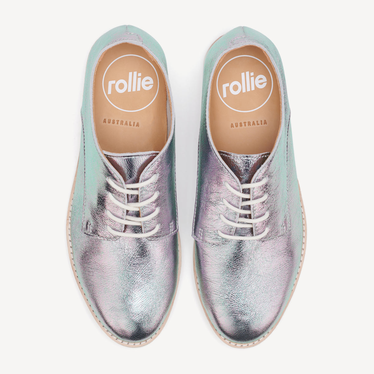 Rollie Derby Super Soft Aurora — pearly aurora-leather lace-up shoe, top-down view