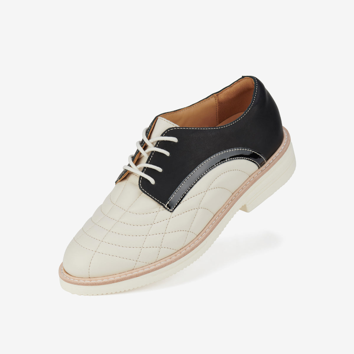 Rollie Derby Rise Monochrome Quilt — women's metallic leather lace-up shoe, styled lifestyle shot
