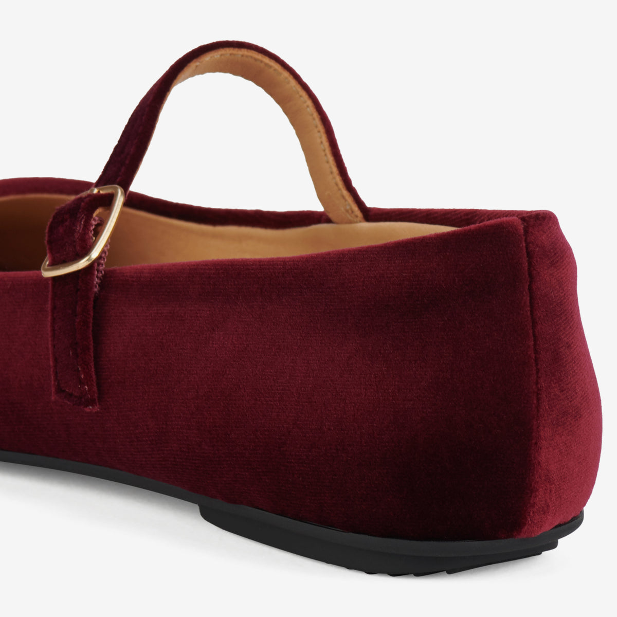 Rollie Mary Jane Dark Cherry Velvet — women's velvet flat, styled campaign shot (2)