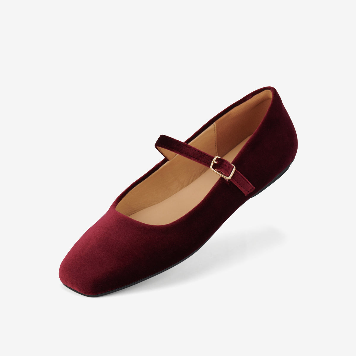 Rollie Mary Jane Dark Cherry Velvet — women's velvet flat, styled lifestyle shot