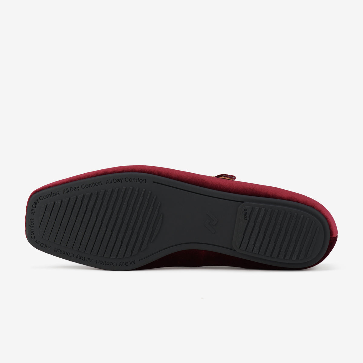 Rollie Mary Jane Dark Cherry Velvet — women's velvet flat, worn and styled on-foot