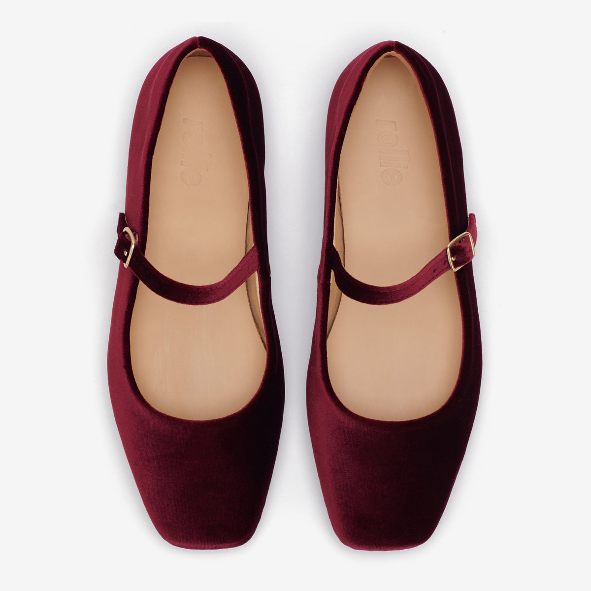 Rollie Mary Jane Dark Cherry Velvet — women's velvet flat, top-down view