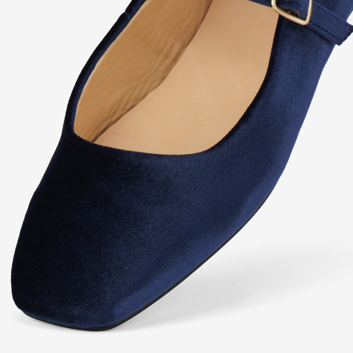 Rollie Mary Jane Navy Velvet — women's velvet flat, styled campaign shot