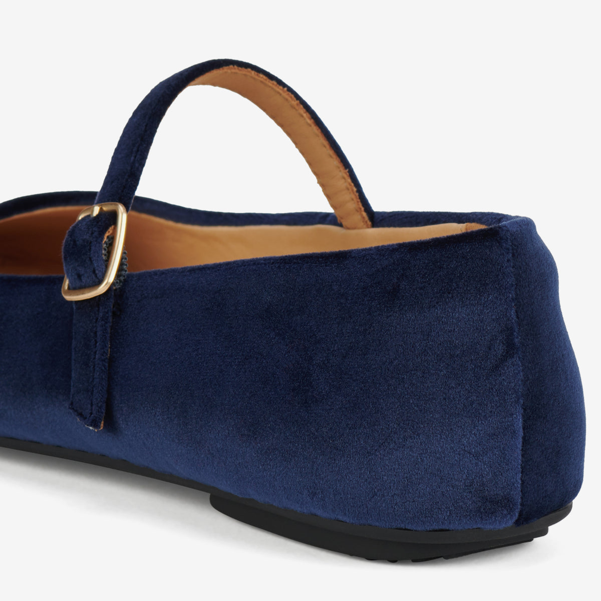 Rollie Mary Jane Navy Velvet — women's velvet flat, styled campaign shot (2)