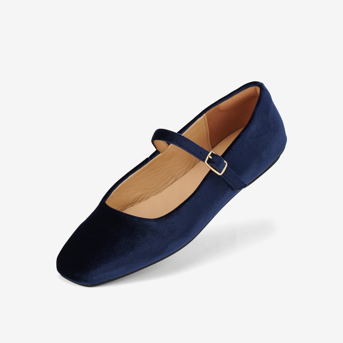 Rollie Mary Jane Navy Velvet — women's velvet flat, styled lifestyle shot